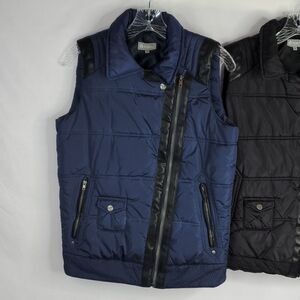 M TRACTR VEGAN LEATHER TRIM NAVY BLUE BLACK PUFFER assymetrical MOTO VEST medium